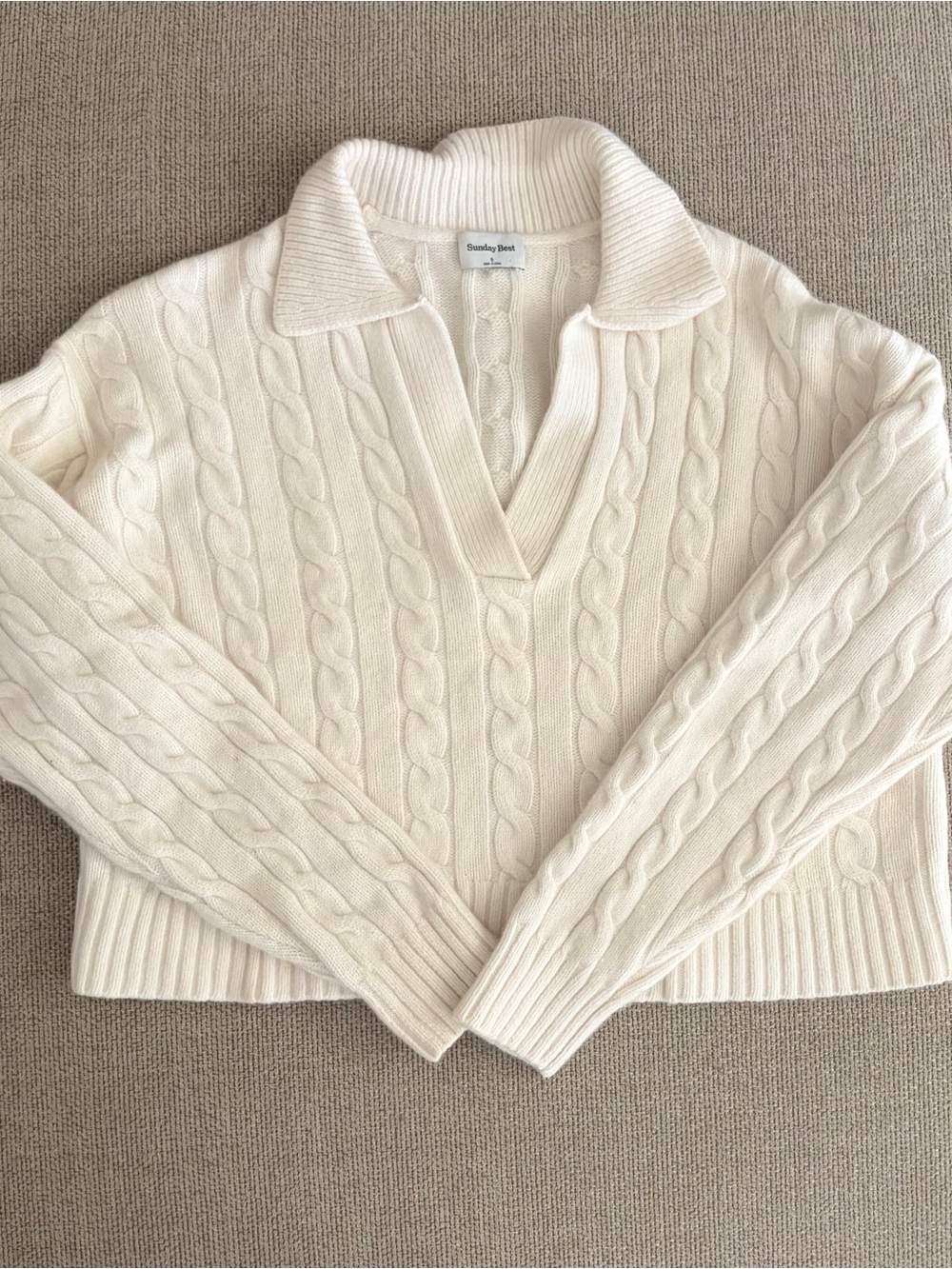 Aritzia Sunday Best Cream Merino Wool Cable-Knit Polo Sweater Heritage Academia
